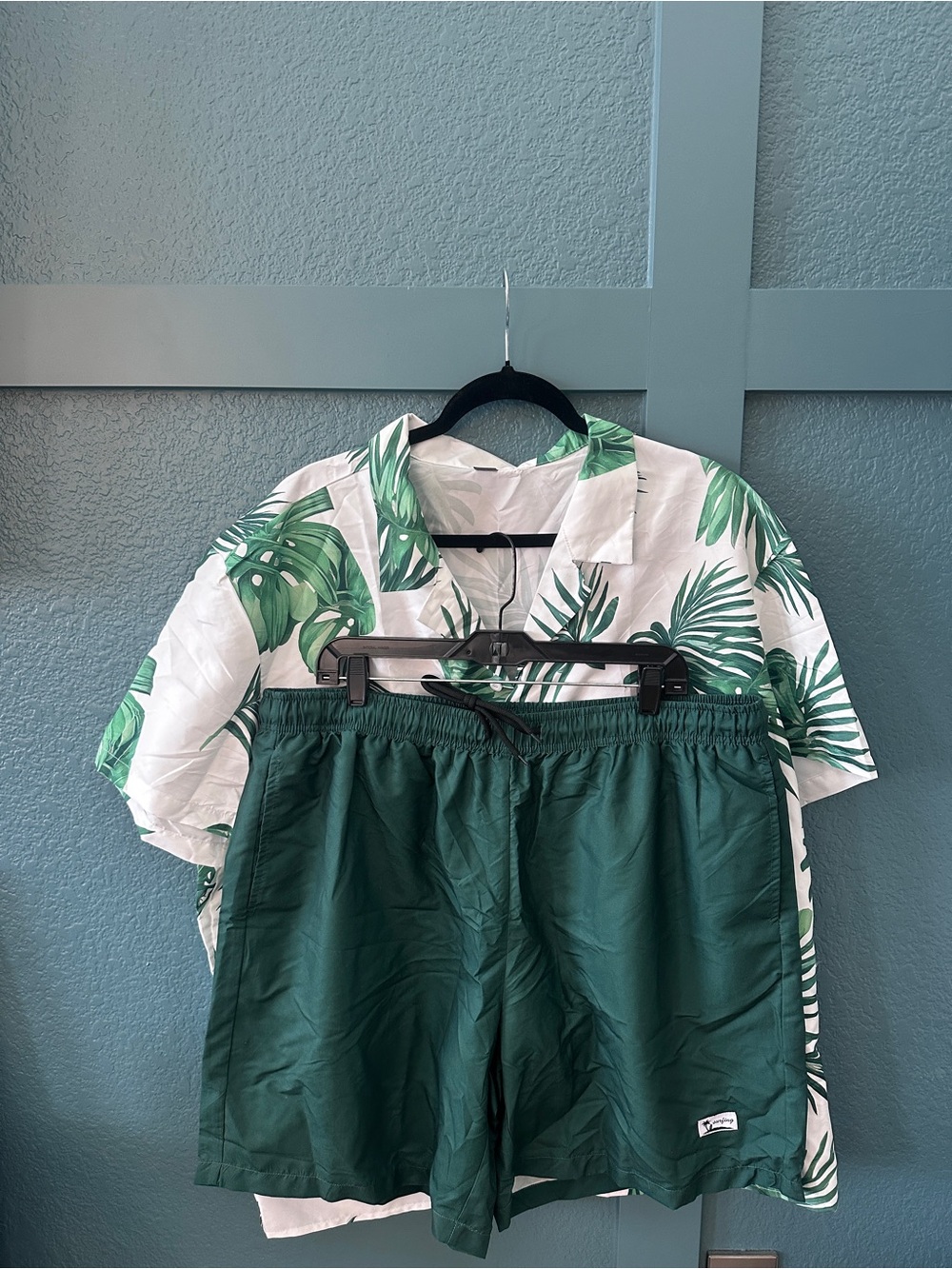 SHEIN White Tropical Leaf Button-Up Shirt with Dark Green Shorts